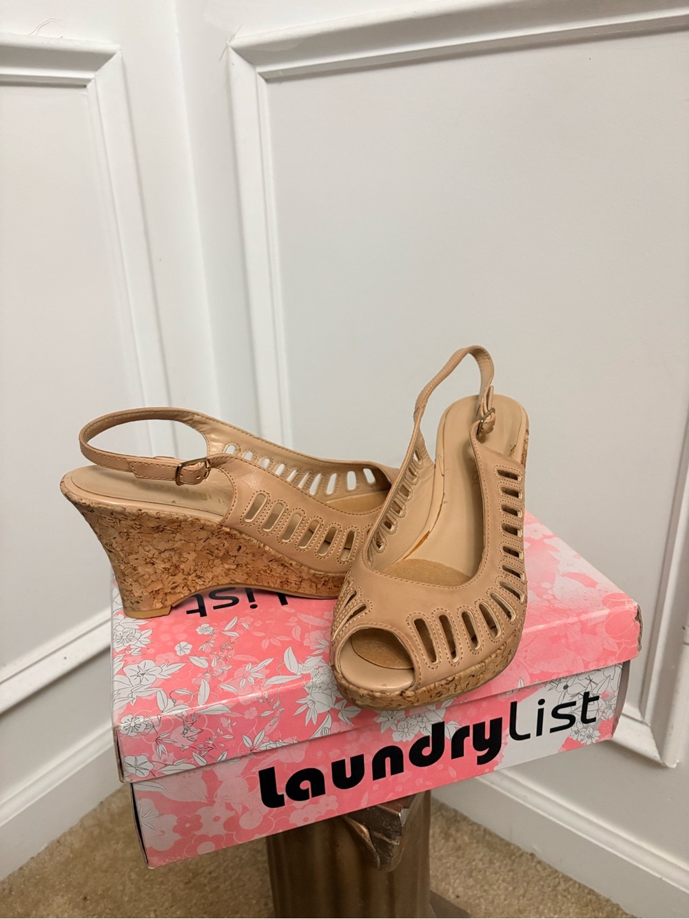 Women's Tan Cork Wedge Slingback Peep-Toe Sandals